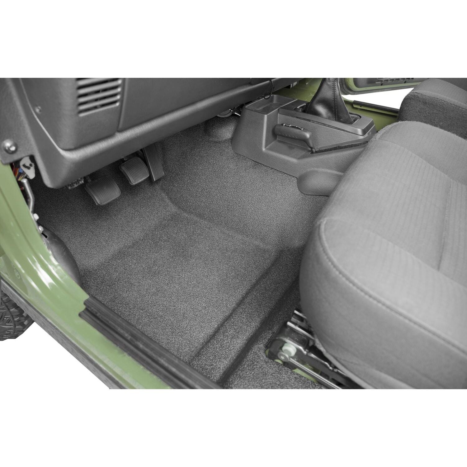 BedRug Jeep Bedtred 97-06 Tj/Lj BedTred Floor Kit 3 pc. 2 pc. Front 1 pc. Rear Replaces Factory Carpet Kit w/Center Console Incl. Heat Shields Bed Liner - Charcoal (BTTJ97F) installed.