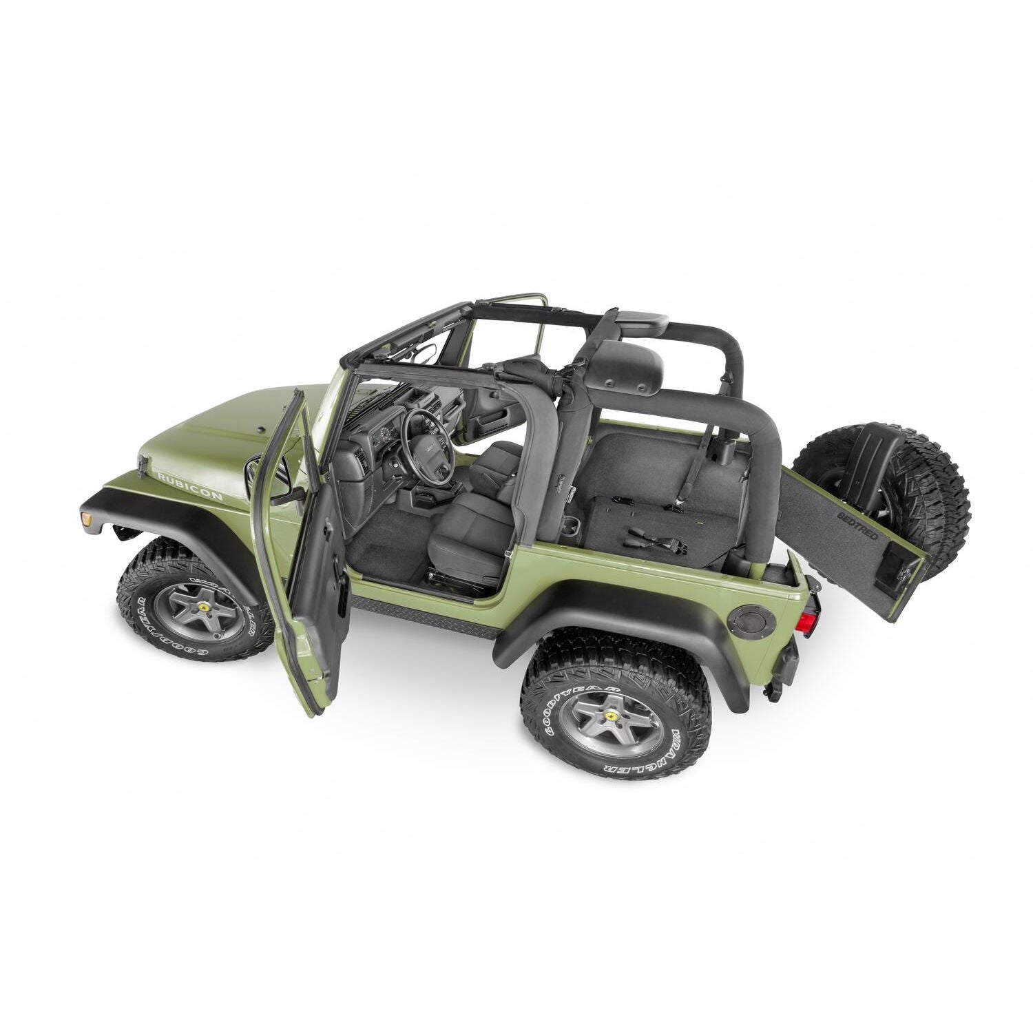 BedRug Jeep Bedtred 97-06 Tj/Lj BedTred Floor Kit 3 pc. 2 pc. Front 1 pc. Rear Replaces Factory Carpet Kit w/Center Console Incl. Heat Shields Bed Liner - Charcoal (BTTJ97F) in Jeep interior