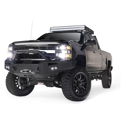 Fab Fours Premium Heavy Duty Winch Front Bumper 2 Stage Black Powder Coated w/Pre-Runner Grill Guard Incl. 1in. D-Ring Mts./Light Cut-Outs w/Hella 90mm Fog Lamps/60mm Turn Signals l CH05-A1352-1