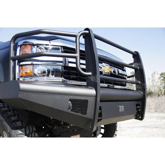 Fab Fours Elite Front Bumper 2 Stage Black Powder Coated w/Full Grill Guard Incl. Light Cut-Outs l CH05-Q1360-1