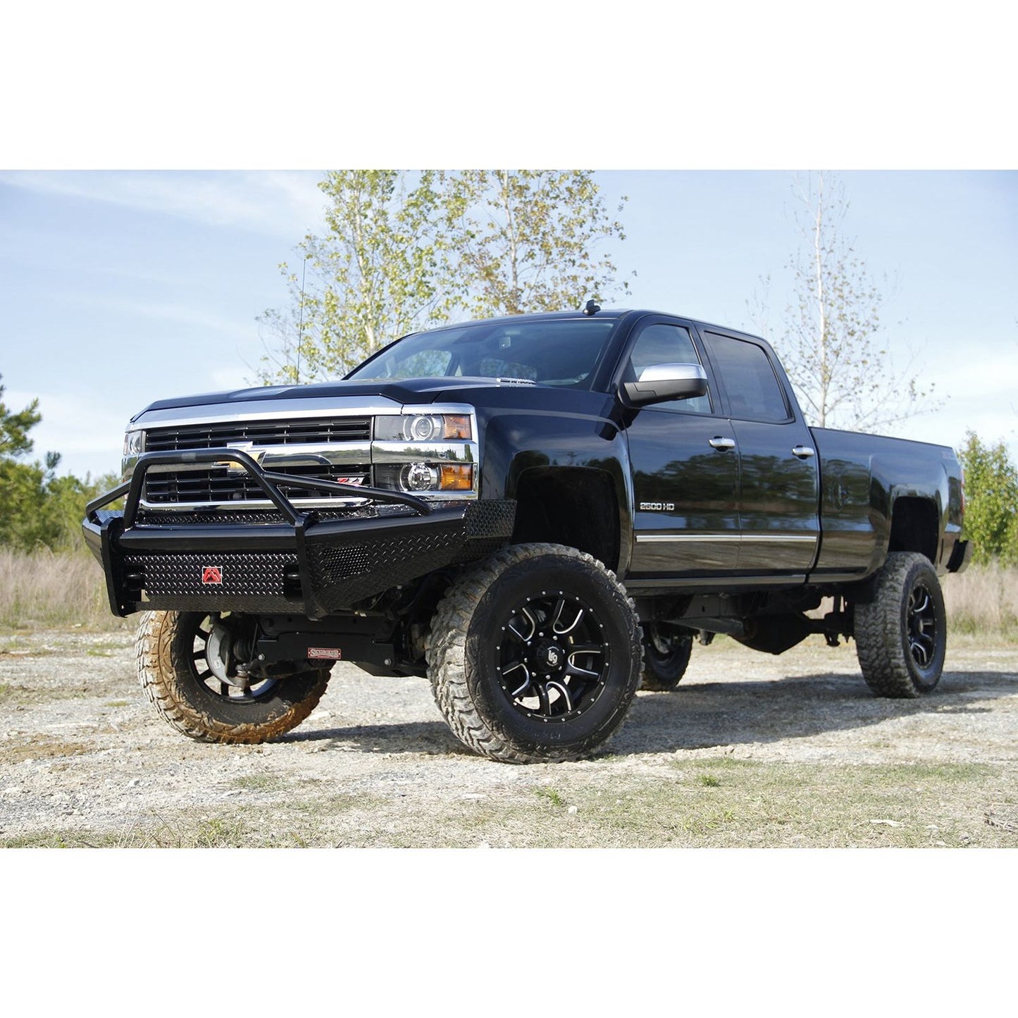 Fab Fours Black Steel Front Ranch Bumper 2 Stage Black Powder Coated w/Pre-Runner Grill Guard Incl. Light Cut-Outs l CH11-S2762-1