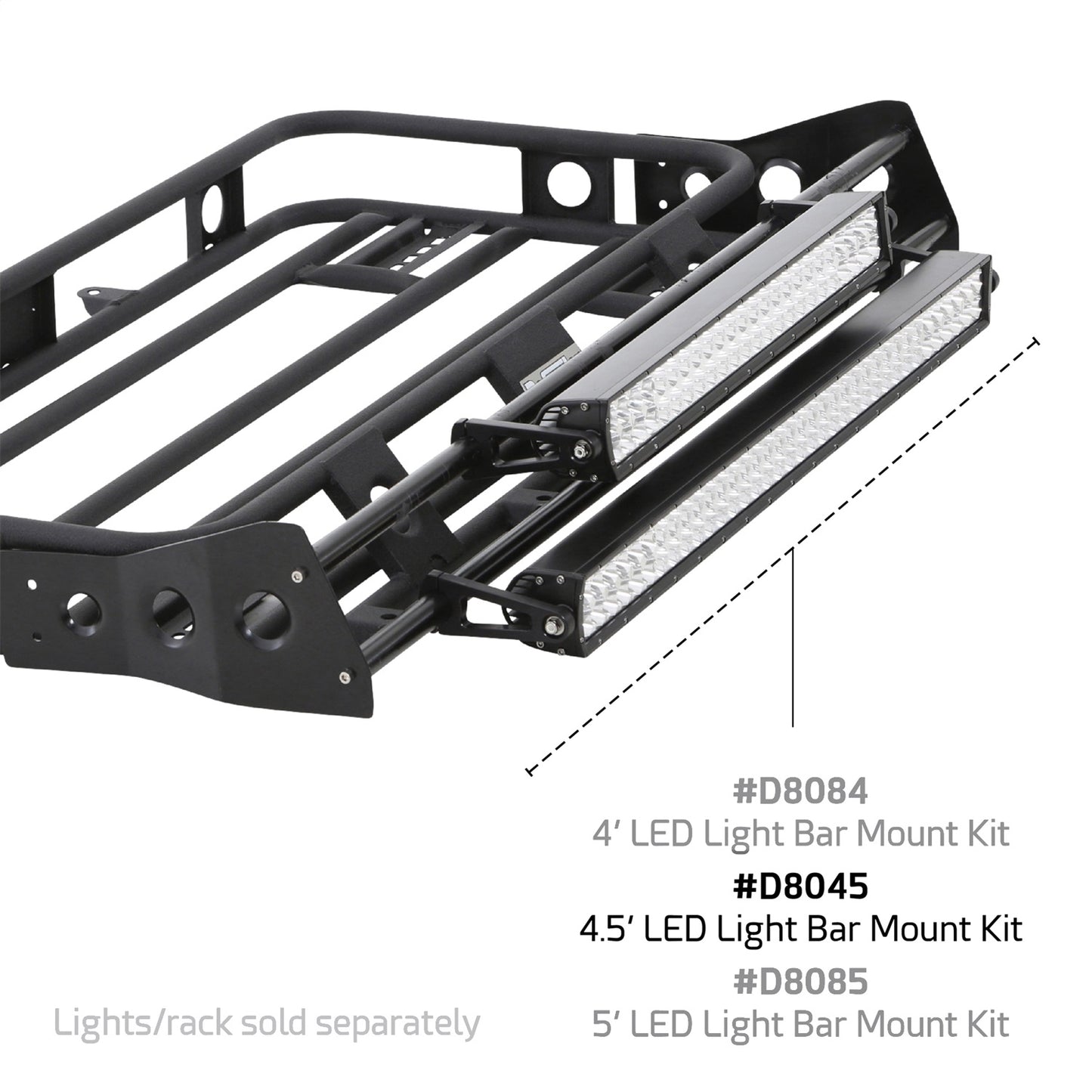 Smittybilt Defender Rack LED Light Bar Mount Kit Incl. Two 4.5 ft. x 1 in. Crossbars 4 Light Tabs Slide Brackets Hardware I D8045