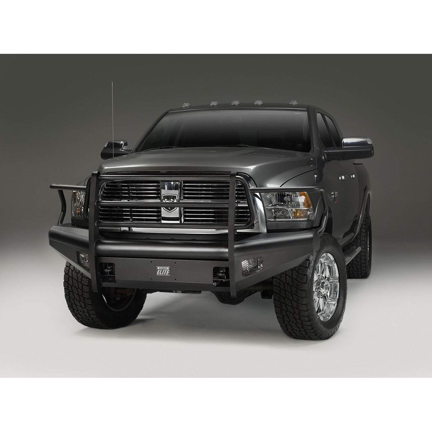 Fab Fours Elite Front Bumper 2 Stage Black Powder Coated w/Full Grill Guard Incl. Light Cut-Outs l DR10-Q2960-1