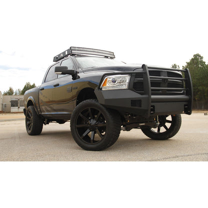 Fab Fours Elite Front Bumper 2 Stage Black Powder Coated w/Full Grill Guard And Tow Hooks l DR13-R2960-1