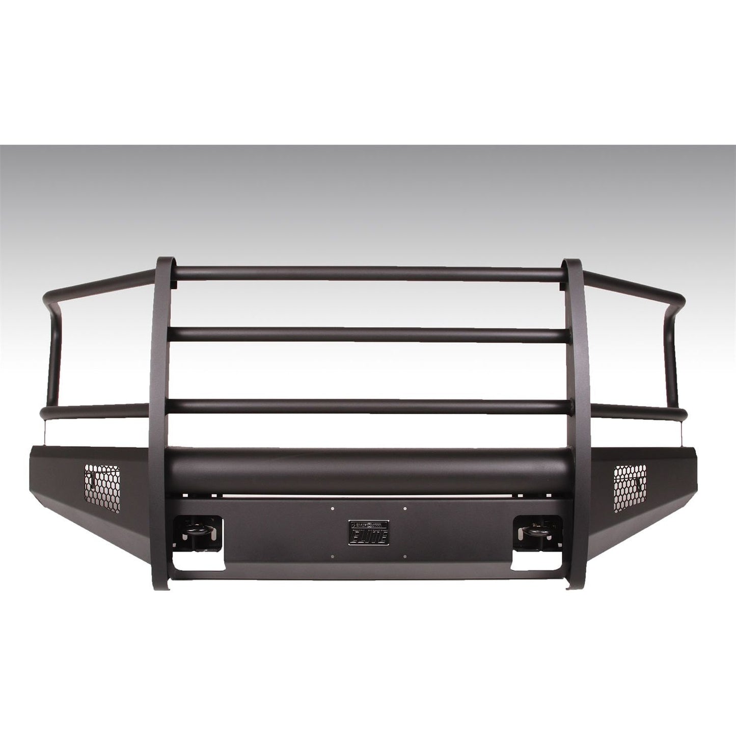 Fab Fours Elite Front Bumper 2 Stage Black Powder Coated w/Full Grill Guard Incl. Light Cut-Outs And Tow Hooks l FF15-R3250-1