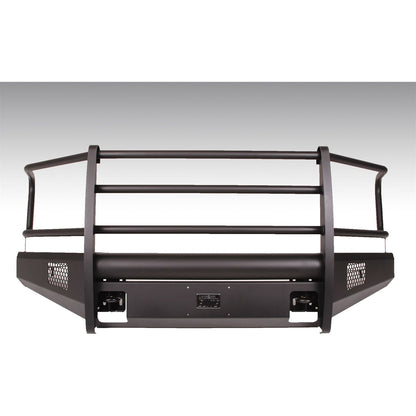 Fab Fours Elite Front Bumper 2 Stage Black Powder Coated w/Full Grill Guard Incl. Light Cut-Outs And Tow Hooks l FF15-R3250-1