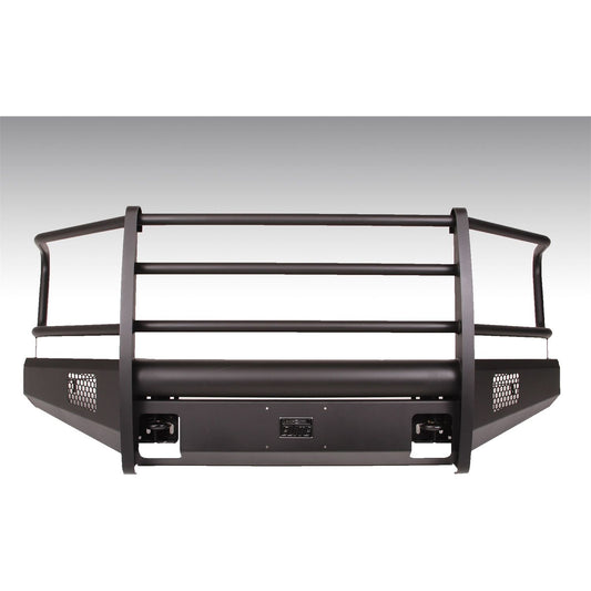 Fab Fours Elite Front Bumper 2 Stage Black Powder Coated w/Full Grill Guard Incl. Light Cut-Outs And Tow Hooks l FF15-R3250-1