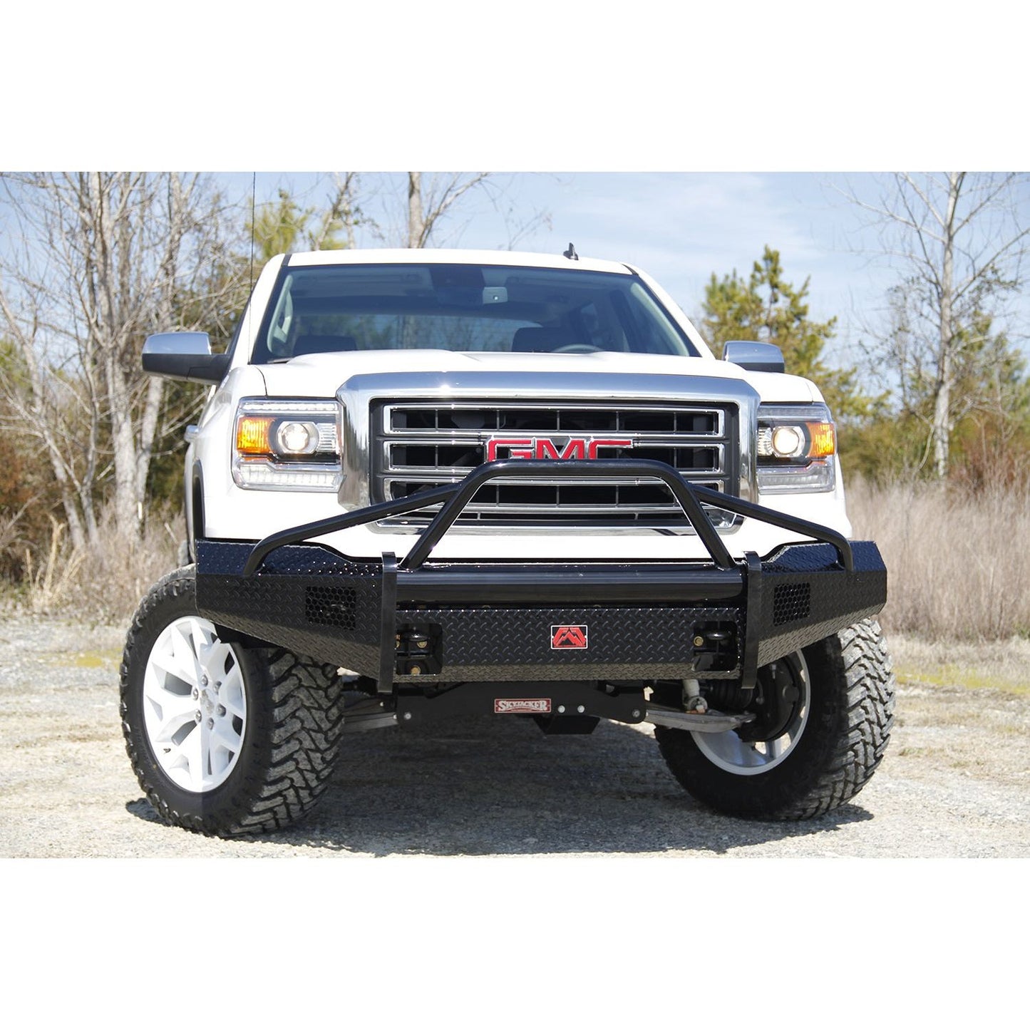 Fab Fours Black Steel Front Ranch Bumper 2 Stage Black Powder Coated w/Pre-Runner Grill Guard Incl. Light Cut-Outs l GM07-K2162-1