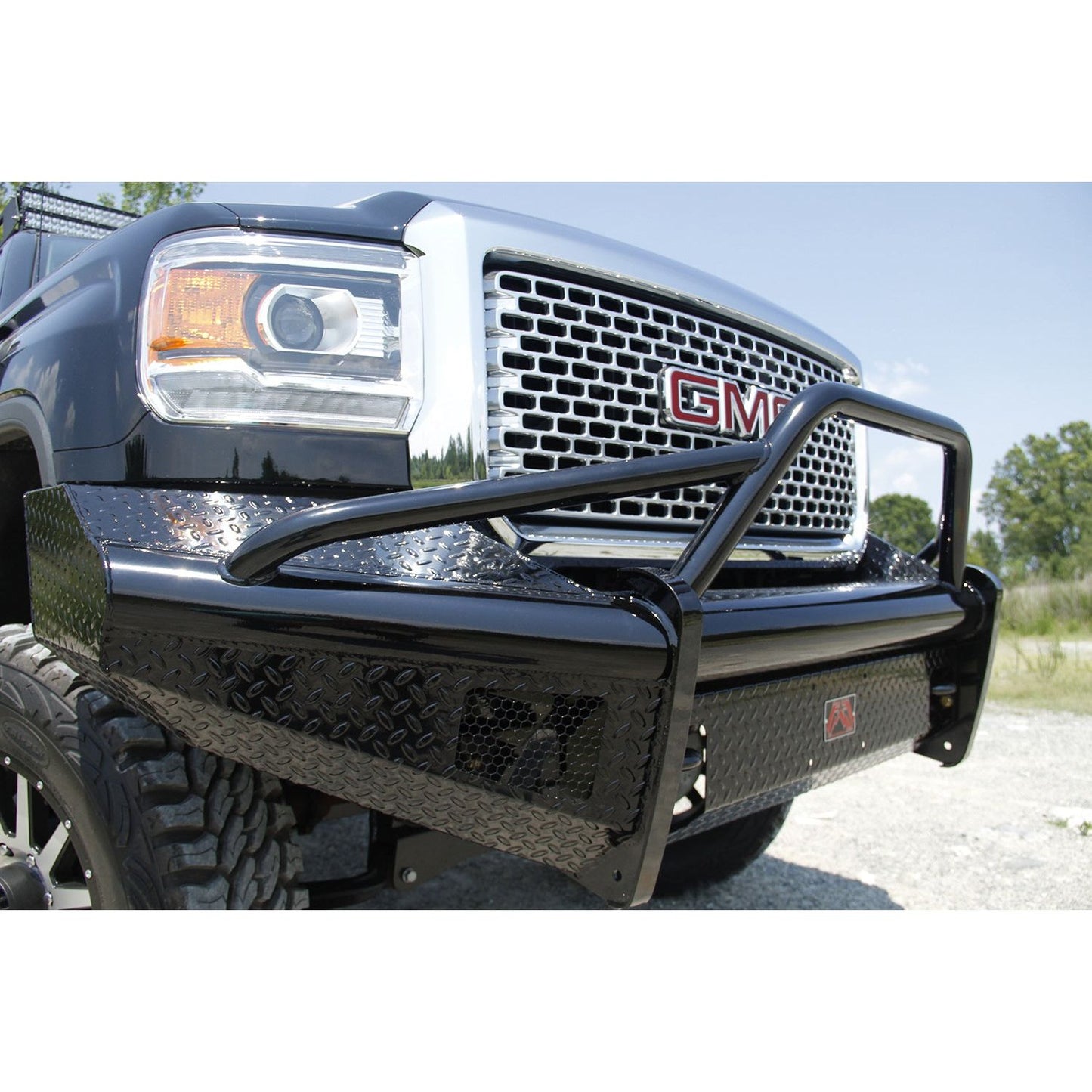 Fab Fours Black Steel Front Ranch Bumper 2 Stage Black Powder Coated w/Pre-Runner Grill Guard Incl. Light Cut-Outs l GM08-S2162-1