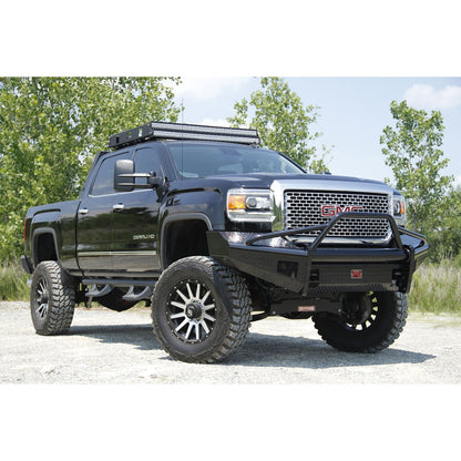 Fab Fours Black Steel Front Ranch Bumper 2 Stage Black Powder Coated w/Pre-Runner Grill Guard Incl. Light Cut-Outs l GM08-S2162-1