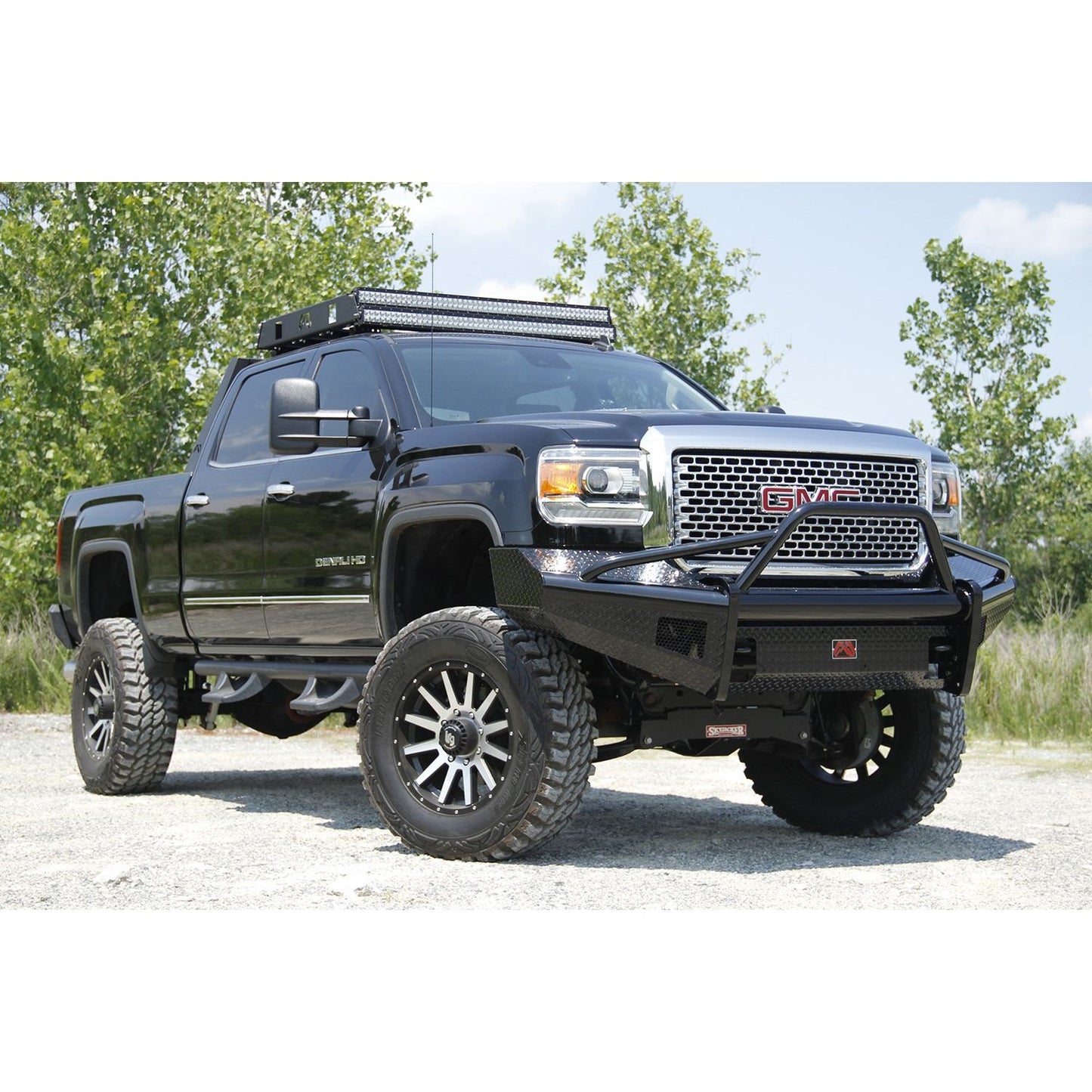 Fab Fours Black Steel Front Ranch Bumper 2 Stage Black Powder Coated w/Pre-Runner Grill Guard Incl. Light Cut-Outs l GM11-S2862-1