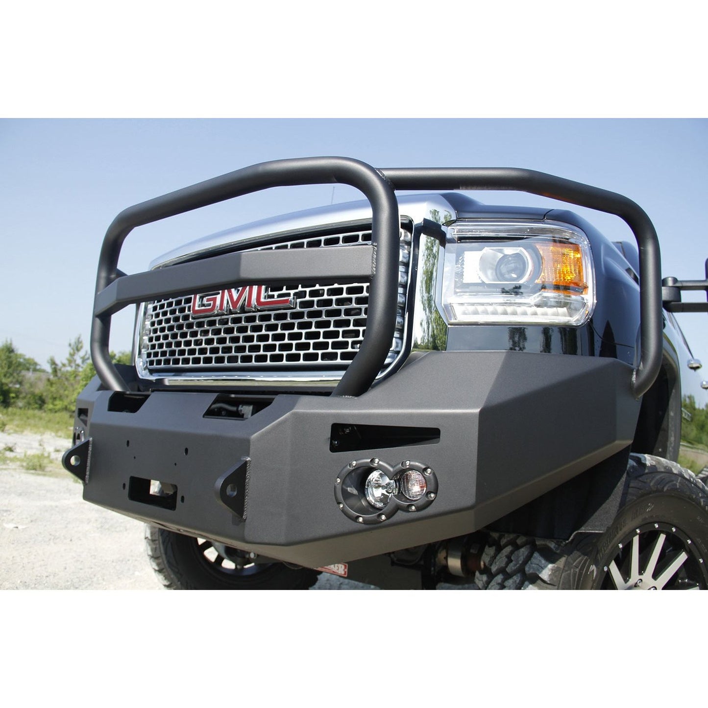 Fab Fours Premium Heavy Duty Winch Front Bumper 2 Stage Black Powder Coated w/Full Grill Guard Incl. Fog And Turn Lights Air Ducts D-Ring Mounts l GM14-A3150-1