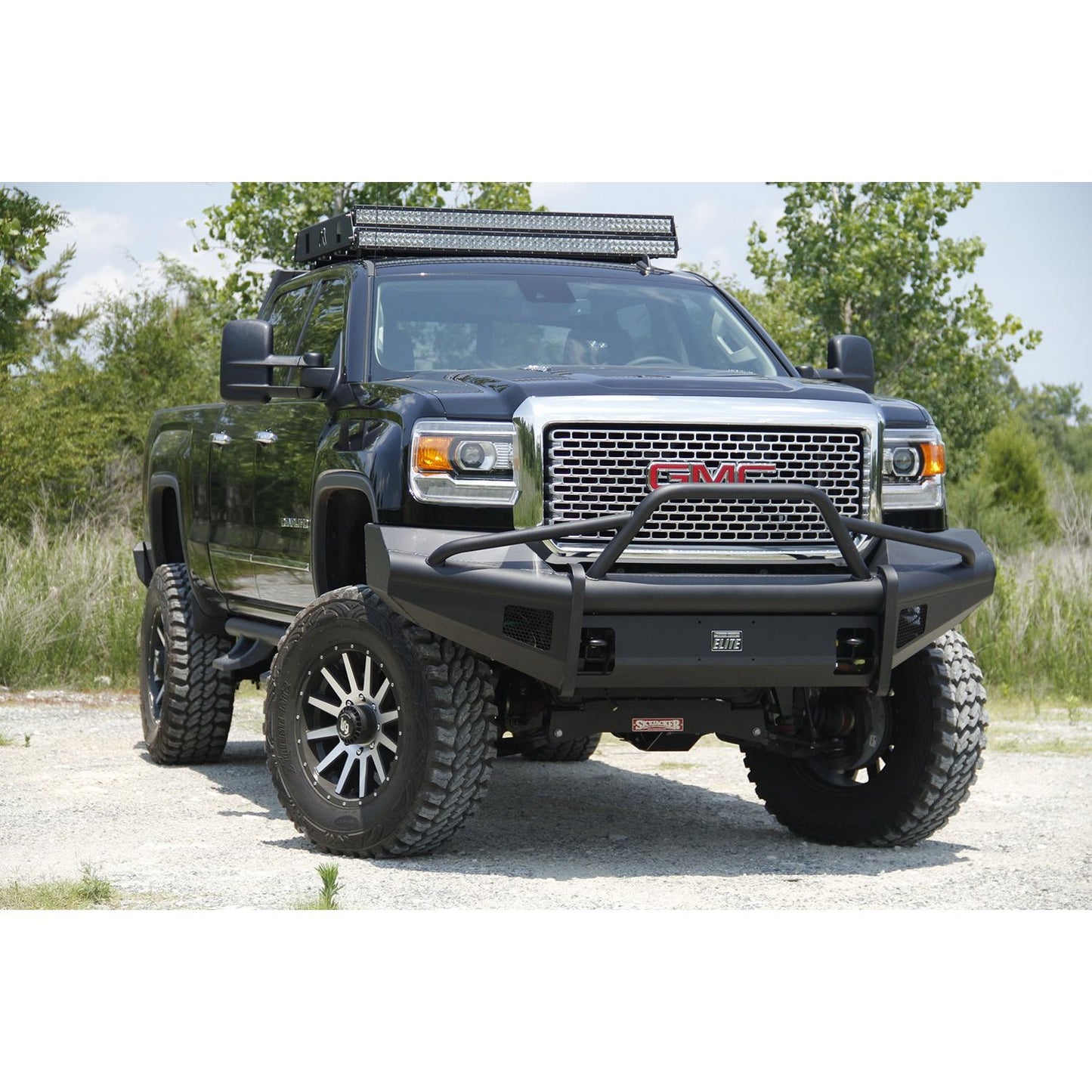 Fab Fours Elite Front Ranch Bumper 2 Stage Black Powder Coated w/Pre-Runner Grill Guard And Tow Hooks l GM14-Q3162-1