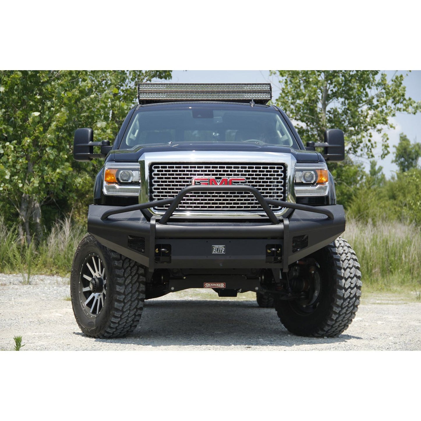 Fab Fours Elite Front Ranch Bumper 2 Stage Black Powder Coated w/Pre-Runner Grill Guard And Tow Hooks l GM14-Q3162-1