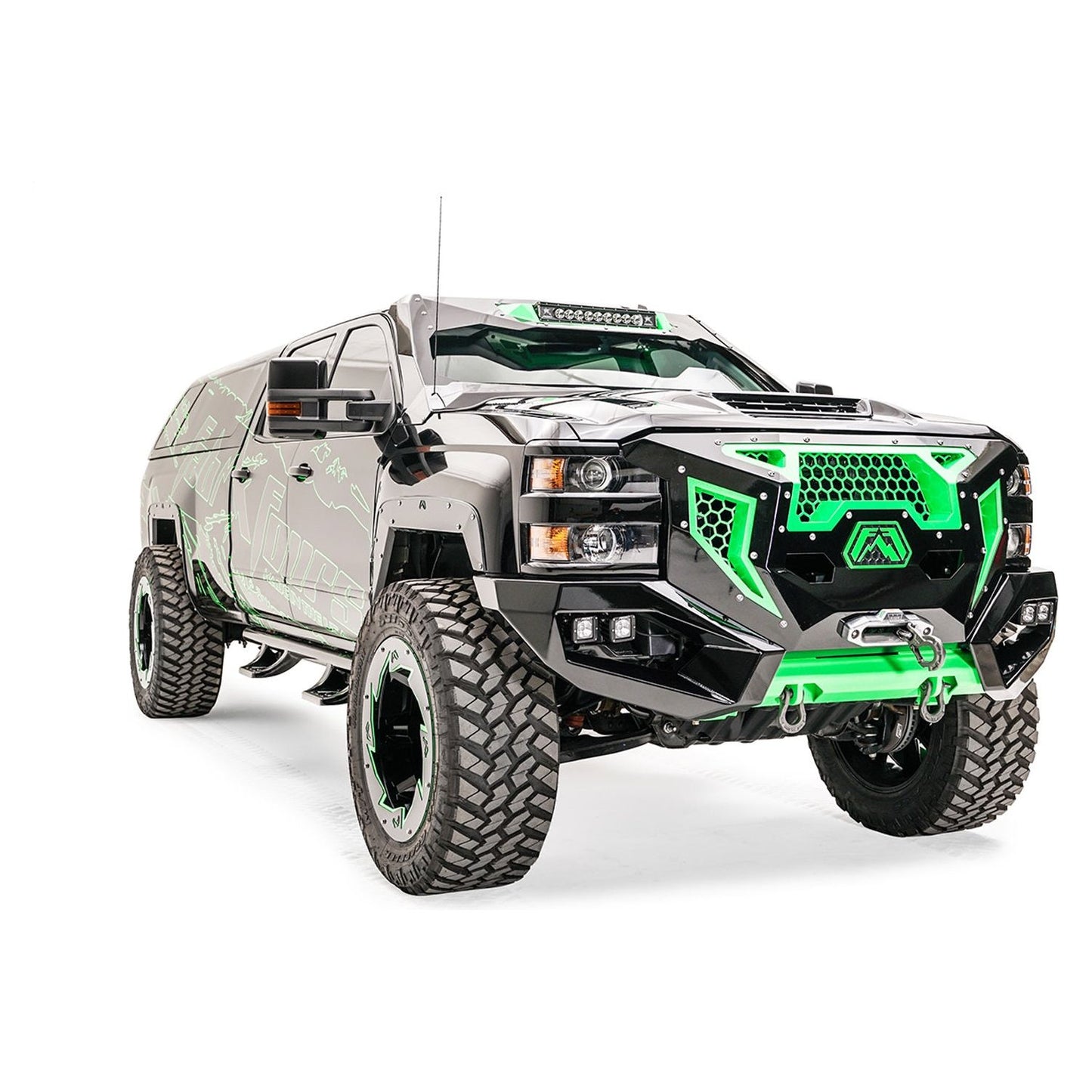 Fab Fours Grumper Grill/Front Bumper 2 Stage Black Powder Coated Combines Both Grille And Bumper l GR3000-1