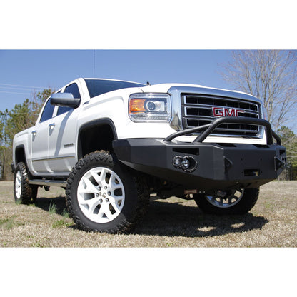 Fab Fours Premium Winch Front Bumper 2 Stage Black Powder Coated w/Pre-Runner Grill Guard Incl. 90mm Fog Lamps/60mm Turn Lights D-Ring Mounts l GS14-H3152-1