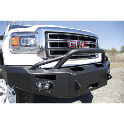 Fab Fours Premium Winch Front Bumper 2 Stage Black Powder Coated w/Pre-Runner Grill Guard Incl. 90mm Fog Lamps/60mm Turn Lights D-Ring Mounts l GS14-H3152-1
