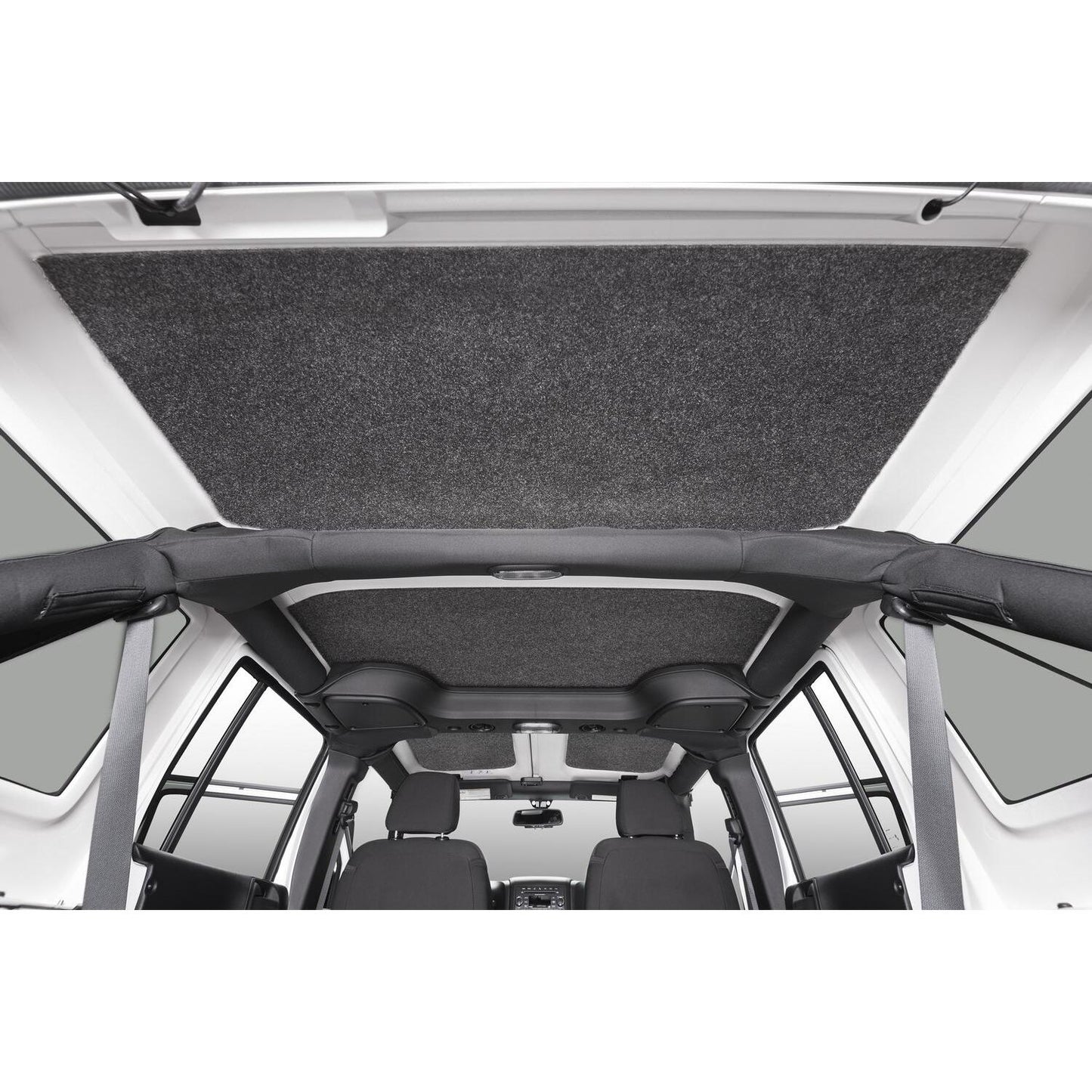 Interior view of BedRug 2018-2026 Jeep Wrangler 4 Door Bed Liner - Charcoal (HLJL184DRK) headliner kit installed.