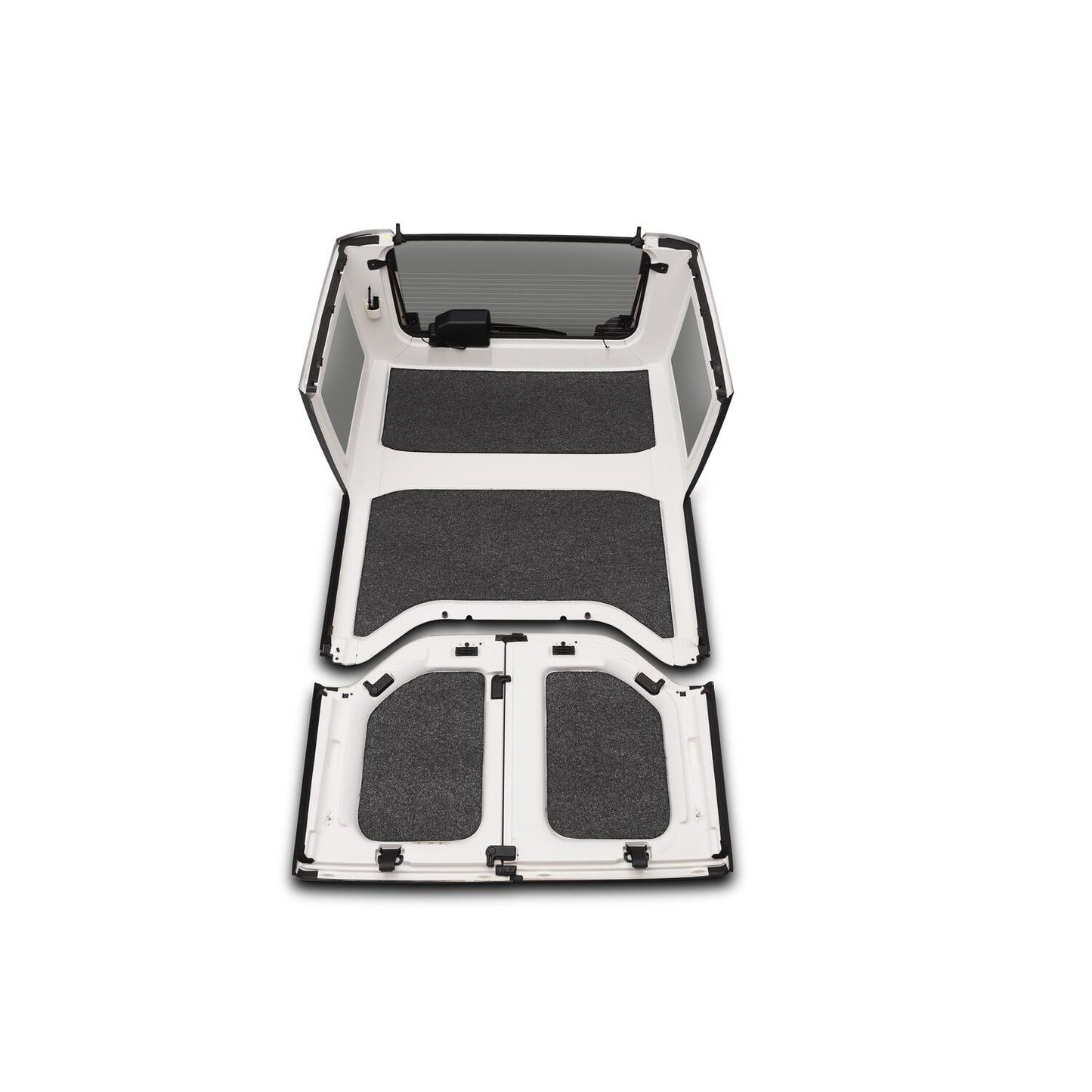BedRug 2018-2026 Jeep Wrangler 4 Door Bed Liner - Charcoal (HLJL184DRK) installed in a Jeep Wrangler interior.