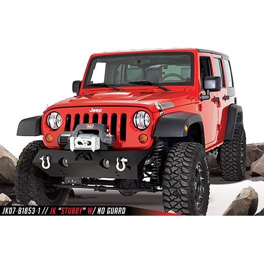 Fab Fours Hardcore Stubby Winch Front Bumper 2 Stage Black Powder Coated w/Full Grill Guard Incl. Winch Mount/1 in. D-Ring Mount l JK07-B1853-1