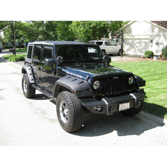 Fab Fours Lifestyle Winch Front Bumper 2 Stage Black Powder Coated w/o Grill Guard Incl. Winch Mount/1 in. D-Ring Mounts/Light Cut-Outs w/Hella 90mm Fog Lamps And 60mm Turn Signals l JK07-B1851-1