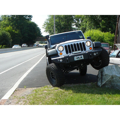 Fab Fours Lifestyle Winch Front Bumper 2 Stage Black Powder Coated w/o Grill Guard Incl. Winch Mount/1 in. D-Ring Mounts/Light Cut-Outs w/Hella 90mm Fog Lamps And 60mm Turn Signals l JK07-B1851-1