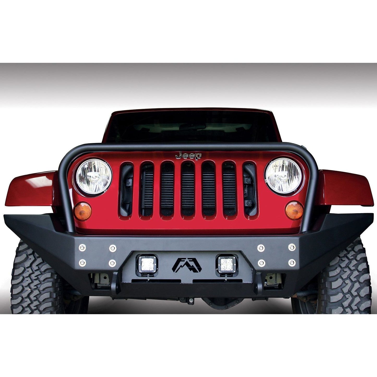 Fab Fours FMJ Full Width Winch Front Bumper 2 Stage Black Powder Coated w/Grill Guard l JK07-B1858-1