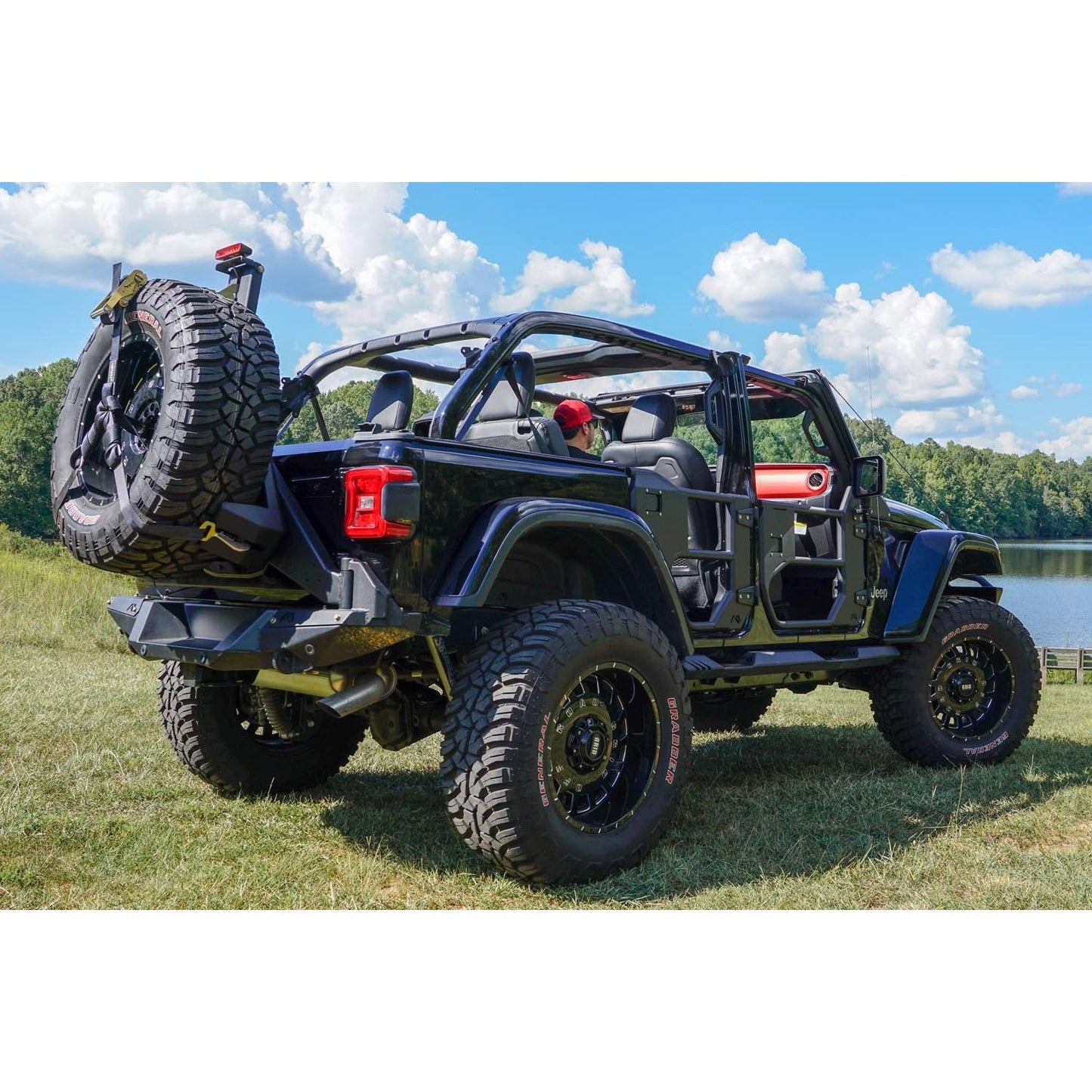 Fab Fours Spare Tire Carrier 2 Stage Black Powder Coated Slant Back Tire Carrier l JL2070-1