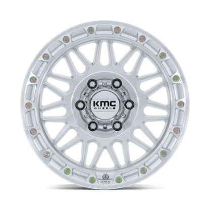 KMC KM555 ATTACK Gloss Silver W/ Machined Face wheel showcasing aggressive design and off-road capability.
