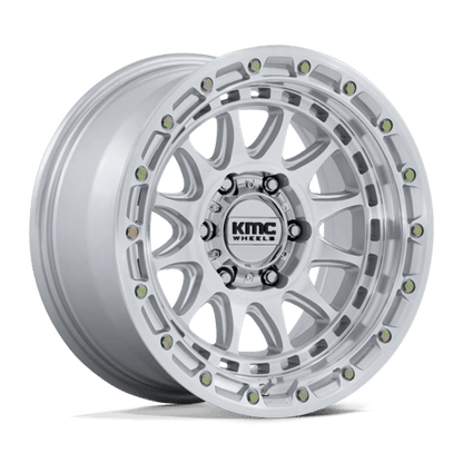 KMC KM556 CRUX Gloss Silver W/ Machined Face wheel showcasing its rugged design and durability for off-road vehicles.