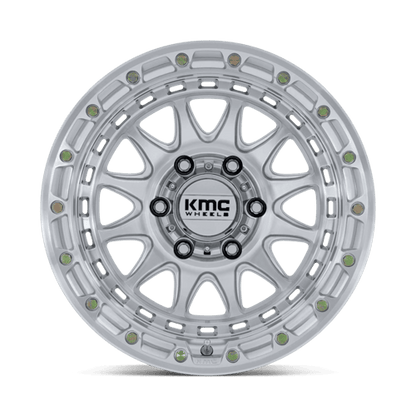 KMC KM556 CRUX Gloss Silver W/ Machined Face wheel featuring a rugged design for trucks and SUVs.