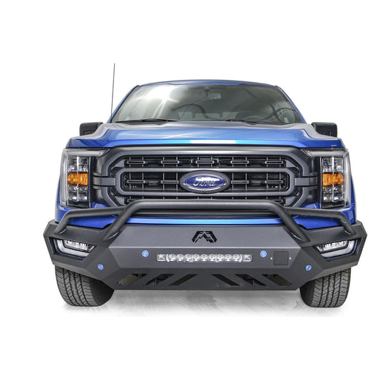 Fab Fours Vengeance Front Bumper 2 Stage Black Powder Coat Pre-Runner Guard w/Sensor Holes Compatible w/Adaptive Cruise Control Accommodates Factory LED Fog Lights Or [3] 3X3 LED Cube l FF21-V5152-1