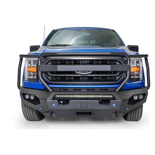 Fab Fours Matrix Front Bumper 2 Stage Black Powder Coat Full Grill Guard w/Sensor Holes Compatible w/Adaptive Cruise Control Accommodates Factory LED Fog Lights Or [3] 3X3 LED Cubes l FF21-X4750-1
