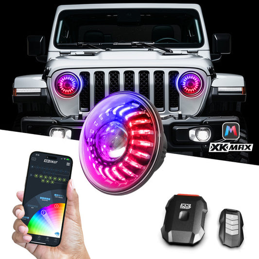 XKGLOW | 2pc XKmax 7in App Control RGBW Wrangler JL Headlight Kit with Mounting Brackets | MX-7IN-JP-KIT-JL