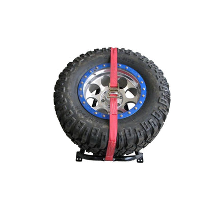 N-Fab | Gloss Black Bed Mounted Tire Carrier w/Red Strap | BM1TCRD