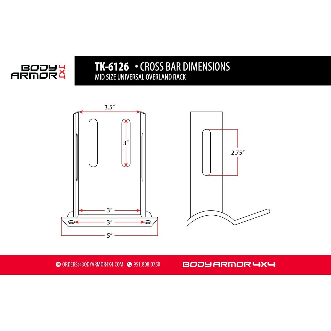 Body Armor 4x4 UNIVERSAL OVERLAND RACK CROSS BARS FOR TK-6126(MID SIZE) TK-6126-CRSBAR