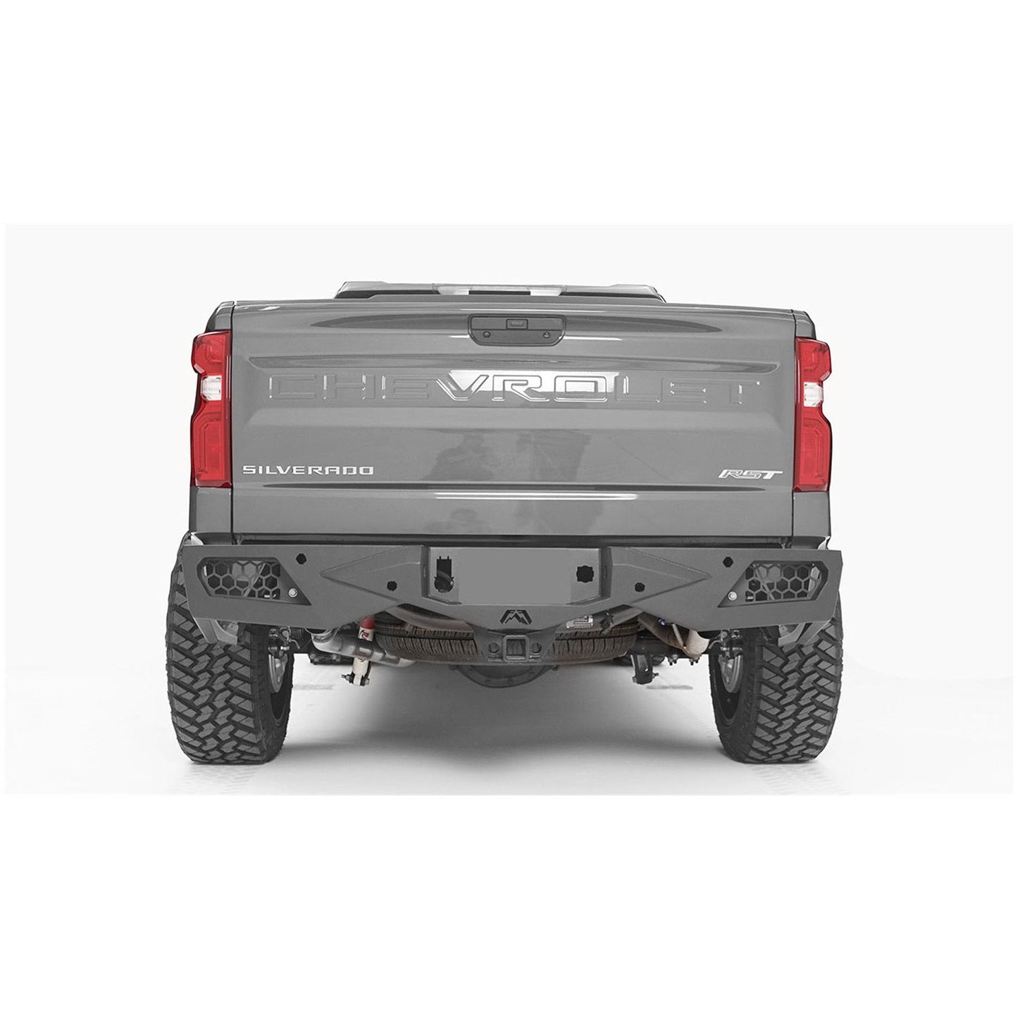Fab Fours Vengeance Rear Bumper 2 Stage Black Powder Coated w/Blind Spot Monitor Mount w/Sensors l GS23-E5852-1