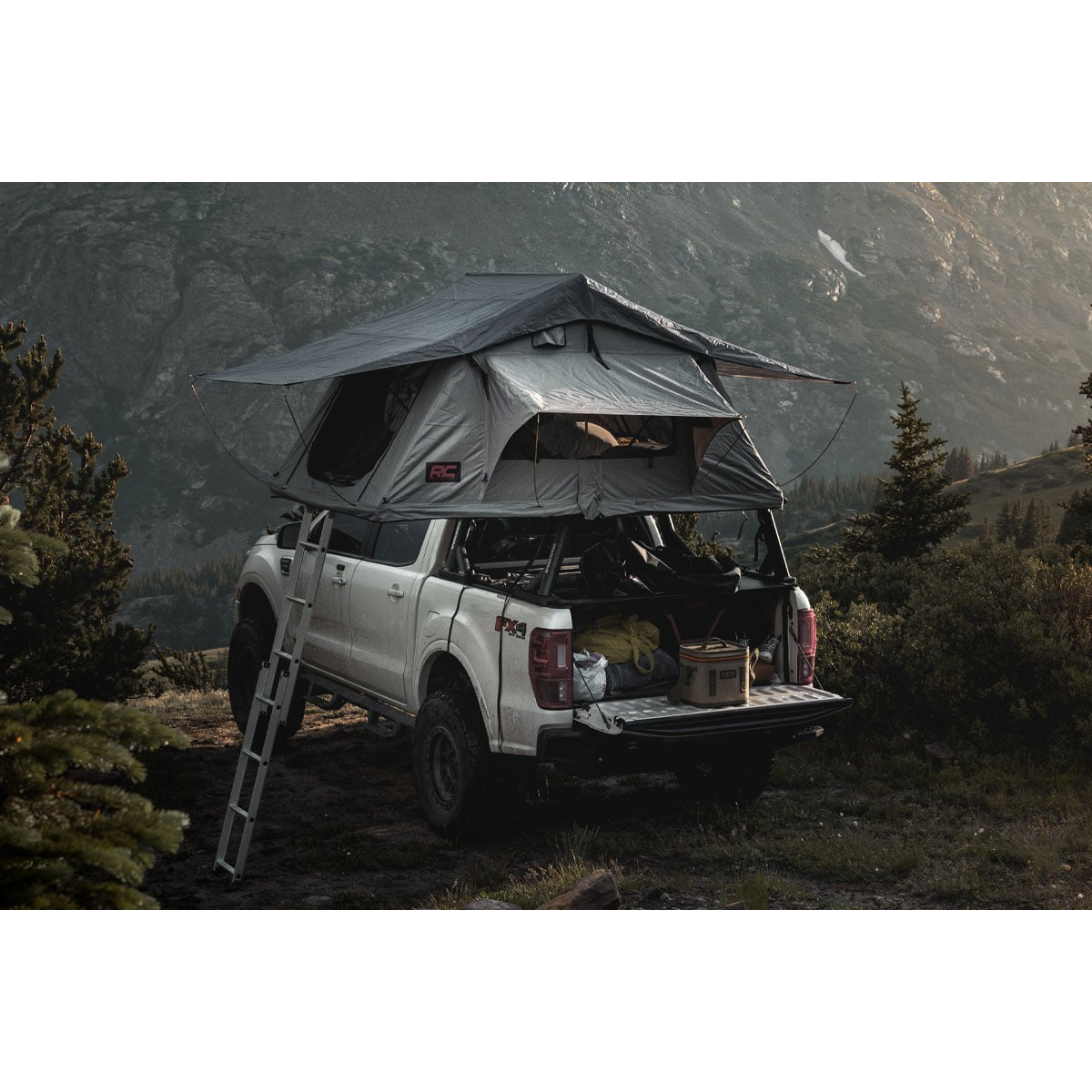ROUGH COUNTRY Roof Top Tent | Rack Mount | 12 Volt Accessory w/Ladder Extension & LED Light Kit | 99049