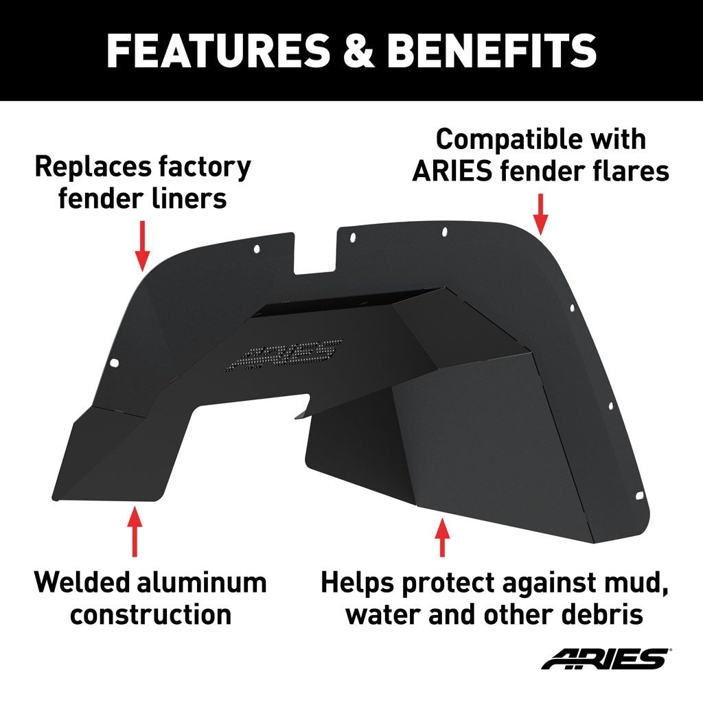 Aries Automotive Aluminum Front & Rear Inner Fender Liners (Black) for 2007-2018 JK 2500450