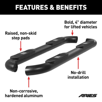 Aries Automotive Big Step Black Aluminum 4in round side bars for 2018-C JLU 4 Door Models AL231009