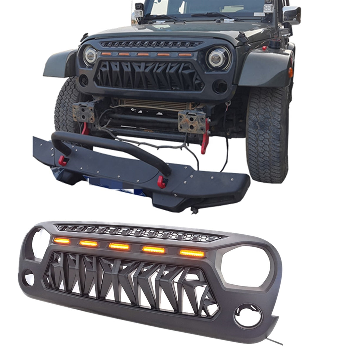 Shark Grille with Amber LED Running Lights for 07-18 Jeep Wrangler